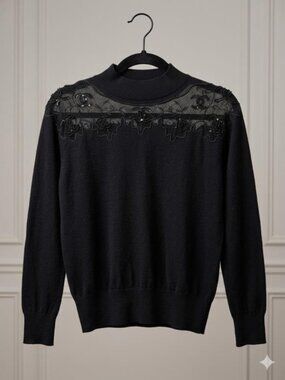 Chanel Style Black Mock Neck Sheer Beaded Knit Sweater Chic Elegant